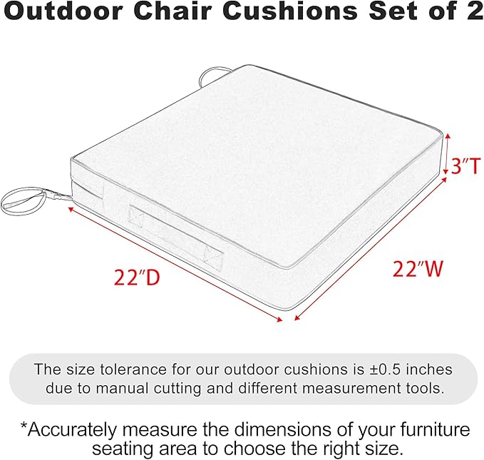 Favoyard Patio Chair Cushions 22 x 22 x 3 Inch Waterproof Outdoor Seat Cushions for Patio Furniture 3-Year Color Fastness Garden Sofa Couch Chair Pads with Handle & Adjustable Straps Set of 2, Grey