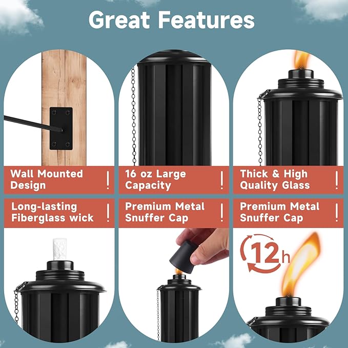 6 PCs Wall Mounted Citronella Torches for Outside, Metal 16 oz Garden Torches, Outdoor Garden Decorative, Easy Refillable Metal Torch for Patio, Deck, Garden, Yard, Black,