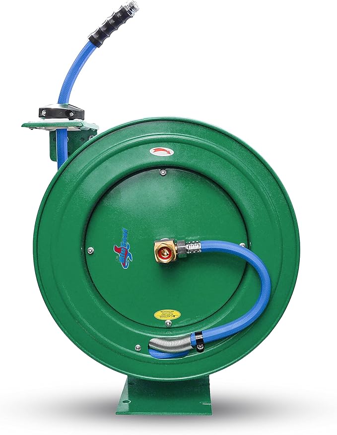 Auto Retractable Water Hose Reel with Hot & Cold Water Rubber Garden Hose, Spray Nozzle - Ultra Light, Super Strong with 6' Lead-in Hose (5/8” x 50’ Green)