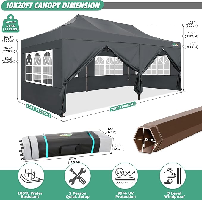 COBIZI 10x20 Pop Up Canopy Tent Heavy Duty with 6 Removable Sidewalls, Commercial Heavy Duty Pop Up Tent for Parties All Weather Waterproof and UV 50+ Wedding Tent with Roller Bag(Legs Upgraded)