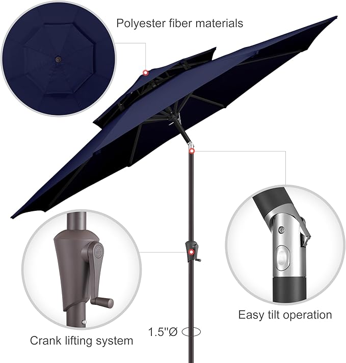 9ft Outdoor Patio Umbrella - 2 Tiers Table Umbrella Waterprool UV Protection, Sombrillas de Patio with Push Button Tilt&Crank, Sun Umbrella for Pool, Porch, Garden, Backyard(Dark Blue)