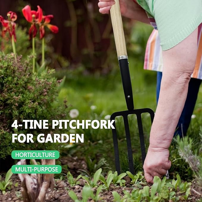 Garden Fork,4-Tine Pitchfork,Spading Digging Fork,Forged Steel Y-Grip, Wood Handle,45Inch
