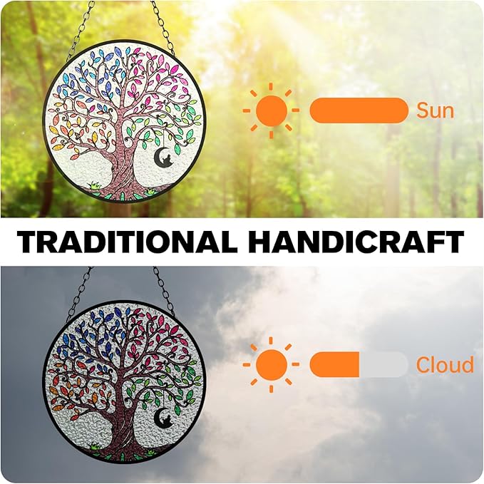 Artificial Trees of Life Suncatchers for Home Decorative Hanging Ornaments with Stick Hook for Window Hanging Hand-Painted Fake Plants Tree&Cat Memorial Gifts for Women 6.3'' * 6.3''