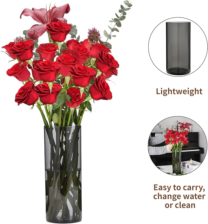 Flower Vase, Non-breakable Vases, 4" W x 10" H, Acrylic Grey Vase, Aesthetic Room Decor Cylindrical Modern Flower Vases for Table Centerpiece, Home Decor, Women Floral Arrangement Gift