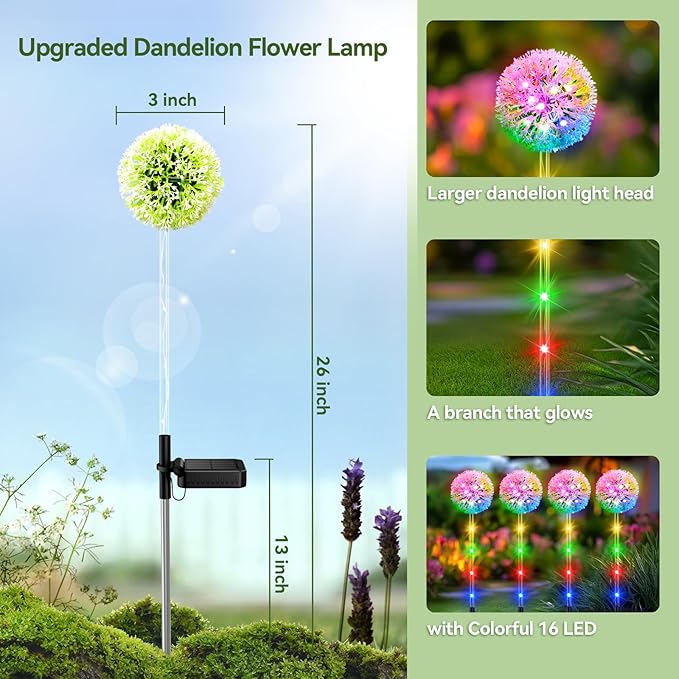 4 Pack Dandelion Solar Outdoor Lights Decorative with Colorful String Lights, Upgraded Waterproof Solar Garden Decor for Yard, Patio, Landscape Decoration