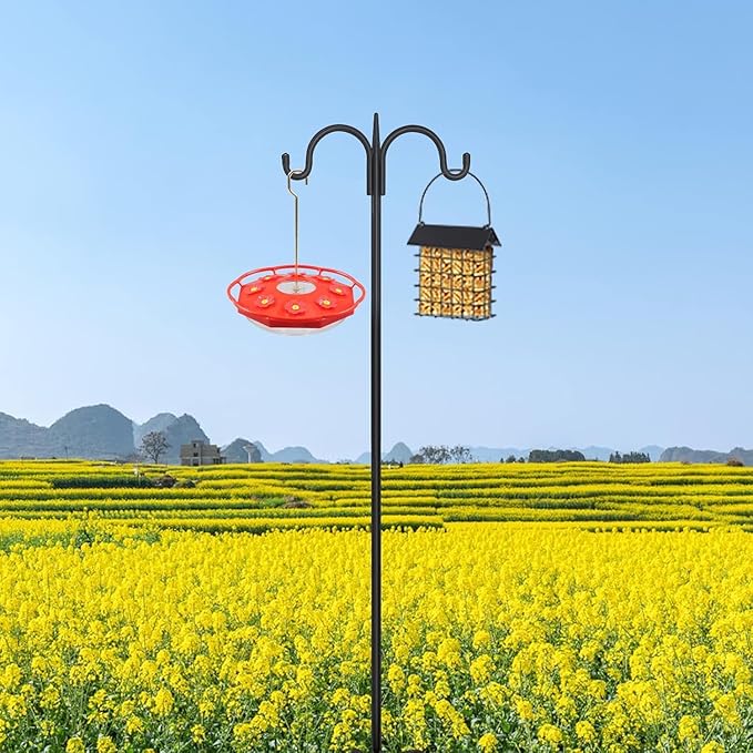 FEED GARDEN Adjustable Double Shepherds Hook for Outdoor with 5 Prong Base 63 Inch Heavy Duty Two Sided Bird Feeder Pole for Hanging Plant Baskets, Solar Light Lanterns, Wind Chimes