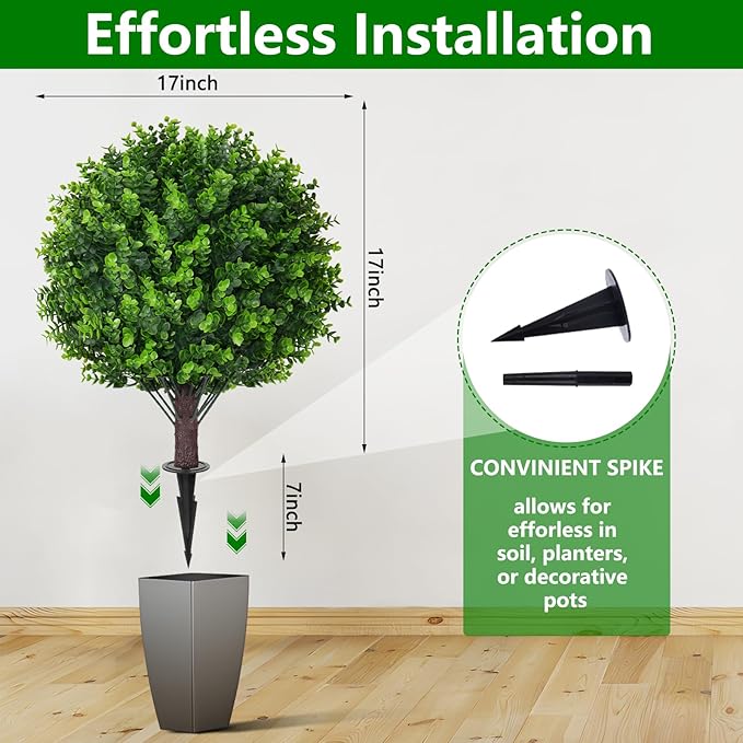 Artificial Eucalyptus Topiary Ball Trees with Ground Spike, Set of 2 UV Resistant Artificial Shrubs, Fake Evergreen Artificial Plant Bushes for Indoor Outdoor Front Porch Garden