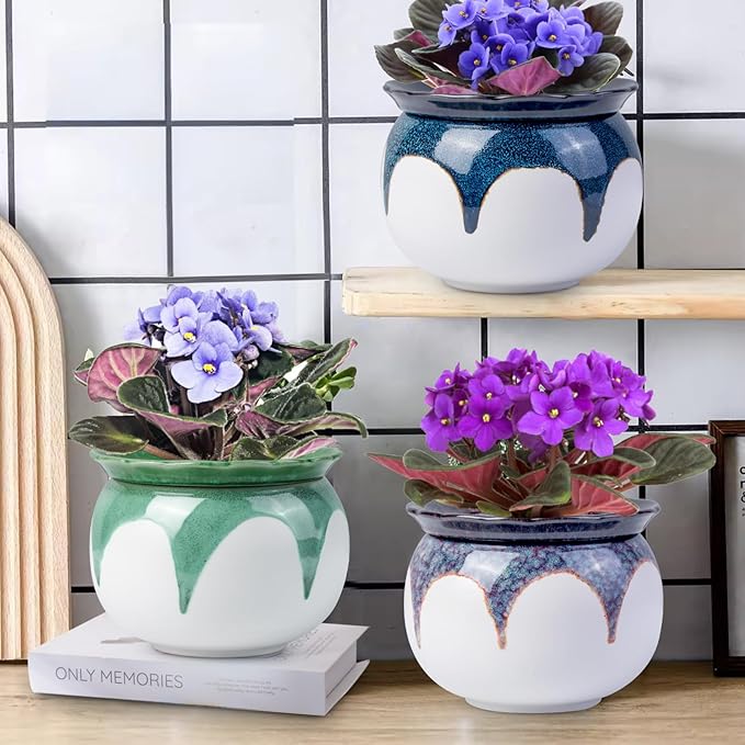 African Violet Pots, 6 inch Ceramic Easy Self Watering Plant Pot for Busy Plant Lovers, Automatically Absorb Appropriate Amount of Water, Flower Pot Indoor-Plants Not Included(Green)
