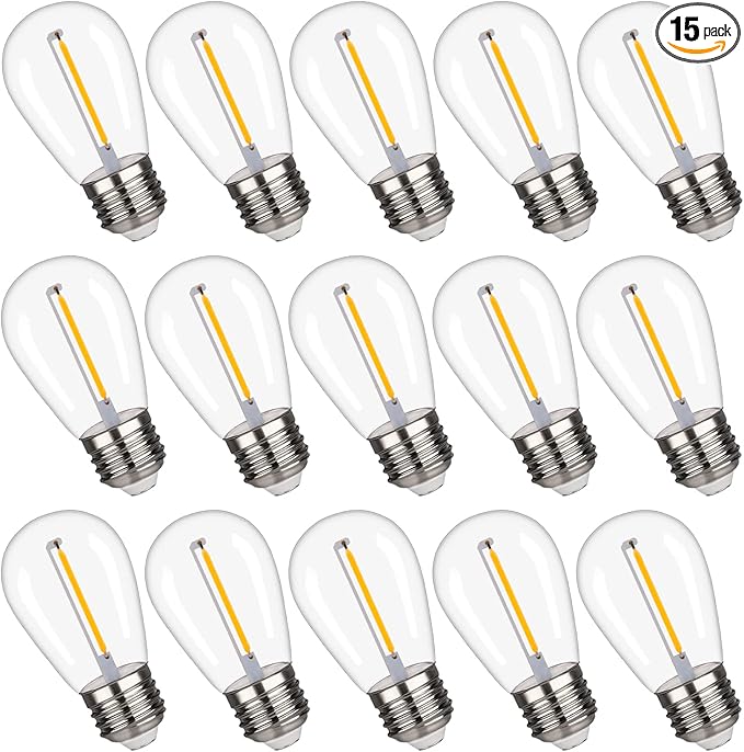 S14 Replacement LED Light Bulbs, Shatterproof & Waterproof 1W S14 LED Bulbs, Outdoor String Lights , E26 Base Patio Edison LED Light Bulbs, Warm White 2200K Plastic 70ML Non-Dimmable 15 Pack