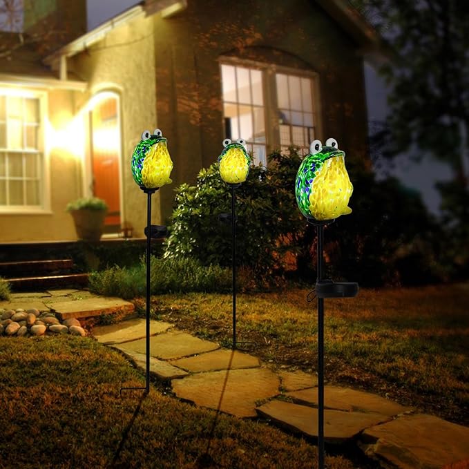 Afirst Solar Frog Garden Stake Lights Hand Blown Glass Decorative Garden Pathway Lights Outdoor Waterproof Animal Glass Stakes