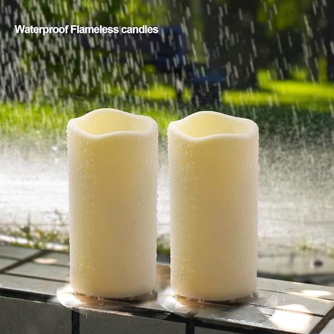 Flickering Flameless LED Candles with 10-Key Remote & Timer, Waterproof Outdoor Indoor f Battery Operated Candles for Home/Wedding/Festival Décor Set of 2 (D3 x H5.5) Ivory