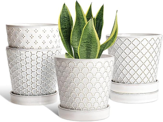 EFISPSS Ceramic Plant Pots Indoor, 5 Inch Planters with Drainage Holes and Ceramic Tray, Relief Design Flower Planter, Desktop Office Windowsill Decoration Gift Set of 4, White