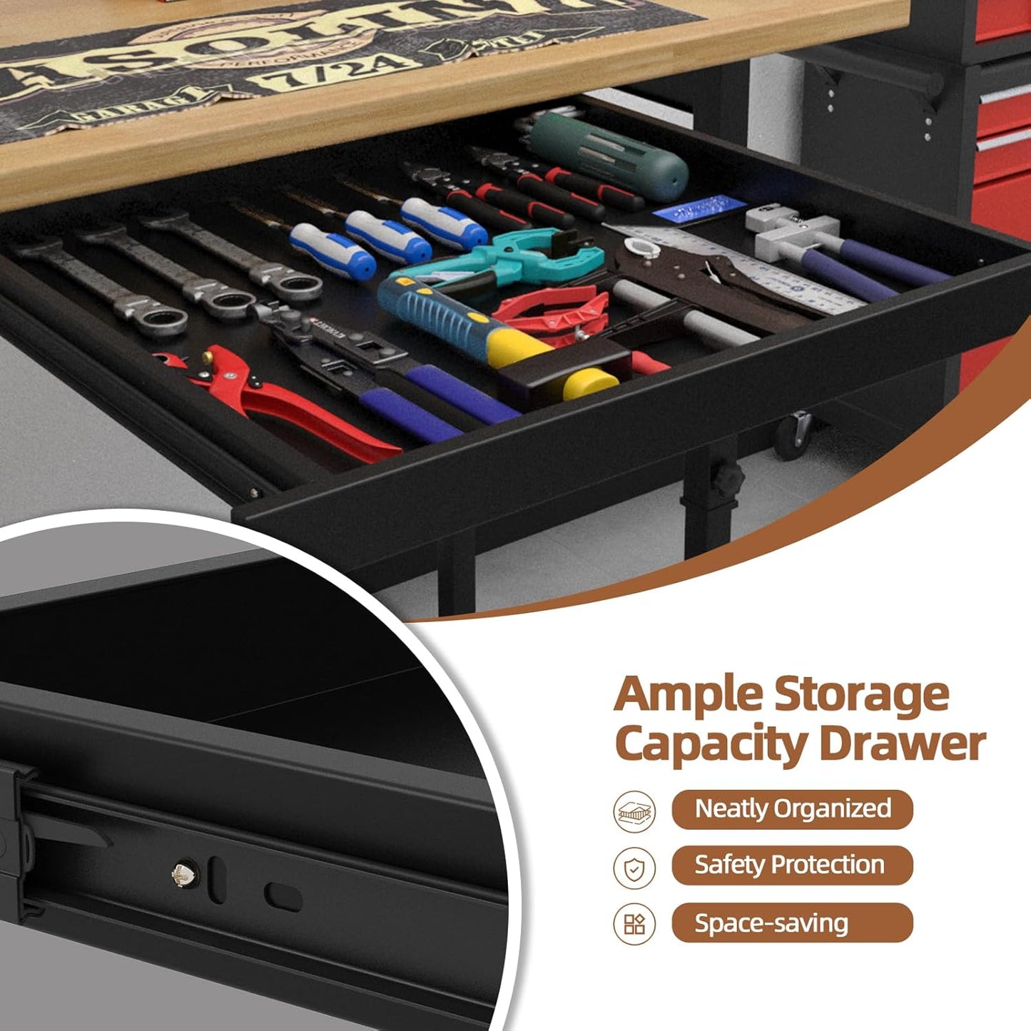 48" Adjustable Workbench, Work Bench Table with Wheels and Power Outlet, Rolling Workbench with Drawers, Large Load Capacity Garage Workbench for Workshop,Office,Home