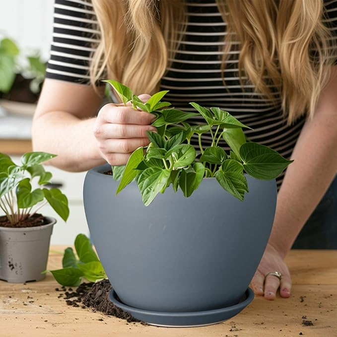 Ceramic Pot for Plants - 8 Inch Plant Pot Indoor with Drainage Hole and Saucer Decorative Planter for Outdoor Plants Modern Flower Pot for Home Decor Garden Gray