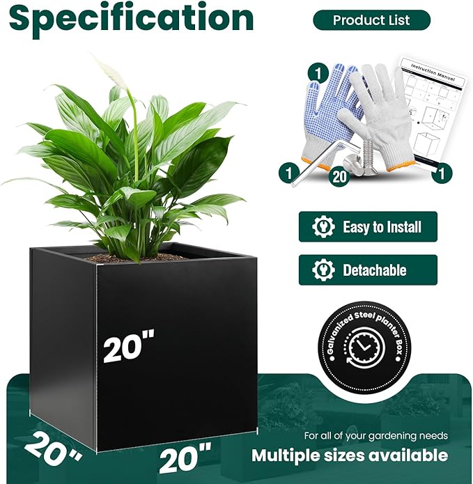 Galvanized Steel Planter Box Black Metal Planter Large Square Indoor Outdoor Planters Cube Steel Heavy Duty Flower Pot 20Inch Powder Coating Modern Commercial Residential for Patio, Deck, Yard, Garden