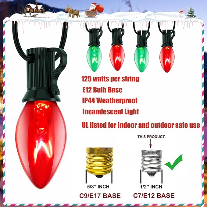 C7 Red and Green Christmas Lights Outdoor, 25Ft Outdoor Christmas Decorations String Lights with 27 Incandescent Bulbs, Vintage Christmas Lights for Indoor Outdoor Patio Christmas Party House Roofline