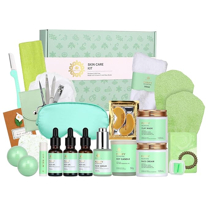 Facial Skin Care Set & Spa Kit - Gift for Men & Women Ideas, Self-Care Relaxation Gift, Skin Care Collection with Tea Tree Essential Oil, Hyaluronic Acid Serum, Dad, Mother's Day, Christmas, Birthday