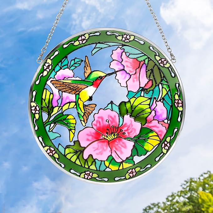 Godferyxin Stained Glass Suncatcher Handmade Glass Hummingbird Suncatcher 8" Stained Glass Hanging Decoration for Window or Wall for Mom,Grandma,Teacher,Friend