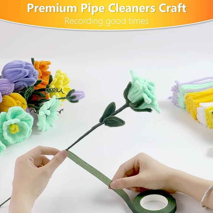 400 Pcs Pipe Cleaners Craft,6 Assorted Colors Pipe Cleaners Bulk, Chenille Stems for DIY Flower Making Kit with Floral Wires, Gardening Tape,Stamen& Ribbon (Yellow)