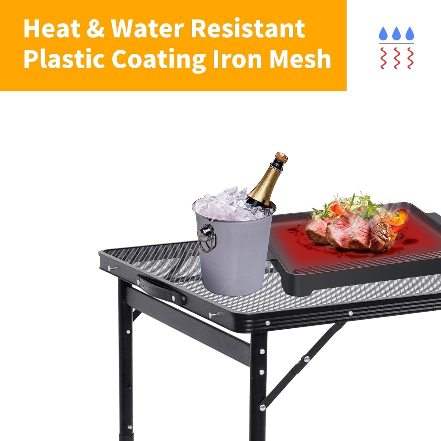 Camping Table 4FT Grill Table Foldable Folding Picnic Portable Stand Mesh 3 Height Adjustable Outdoor Card BBQ RV Black 47.2×23.6 inch