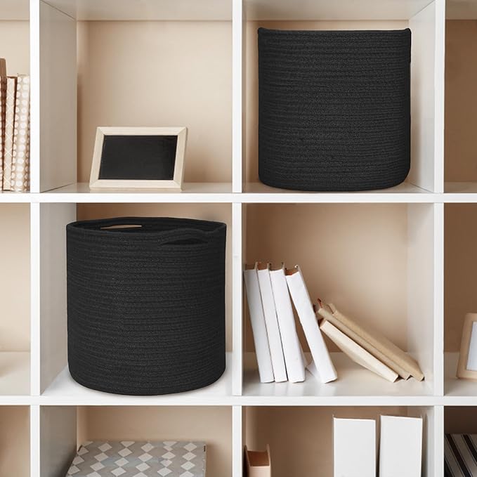 Cotton Rope Plant Basket, Woven Basket Planter for 11 inch Pot, Round Indoor Tree Pot Cover, Storage Bin Organizer, Modern Basket for Plants and Home Decor, 12.5”X12.5”, Black