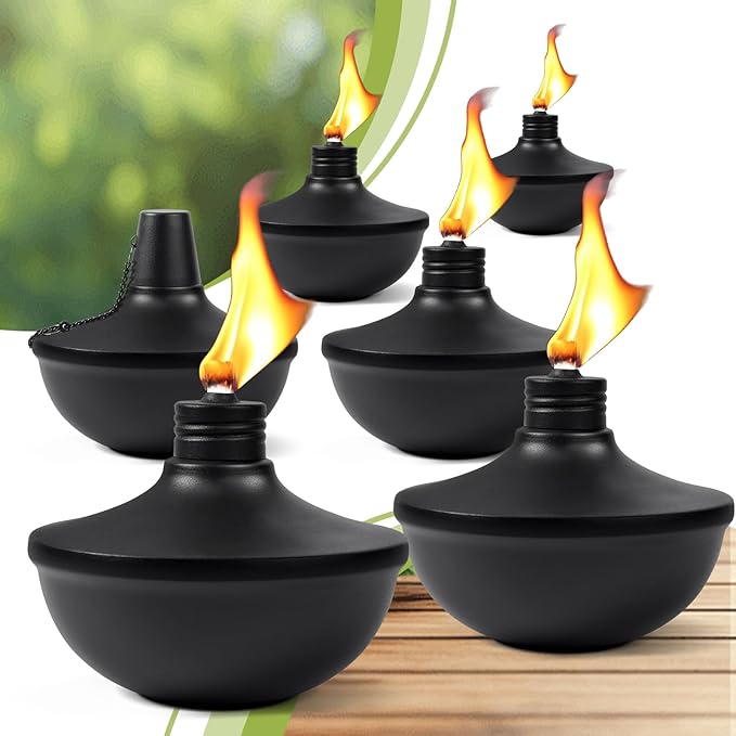 6-Pack Upgraded Tabletop Torches, 24 oz Citronella Torch Lights, Refillable Torch with Wicks, Covers, and Funnel Included - Ideal for Garden, Patio, Deck, Yard, Party, Landscape