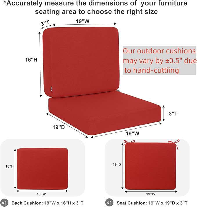 Favoyard Outdoor Deep Seat Cushion Set, 19 x 19 Inch Rainproof & 3-Year Fade Resistant Patio Furniture Cushions, Removable Seat Bottom & Back Cushion Covers with Ties for Chair, Sofa, Couch, Red
