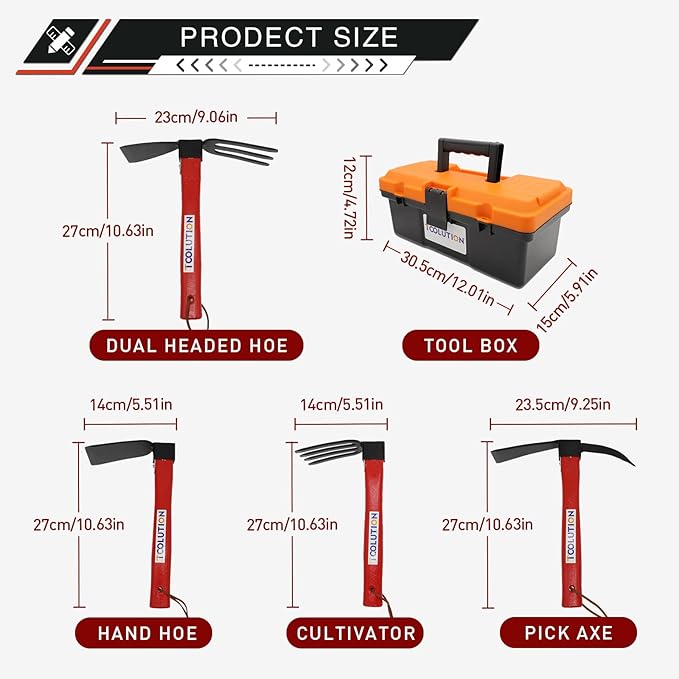 Garden Tool Set with Tool Box 4 Piece Heavy Duty Gardening Tools Kit with Hoe Rake Shovel Fork Non Slip Handle Garden Hand Tools for Digging Weeding Planting