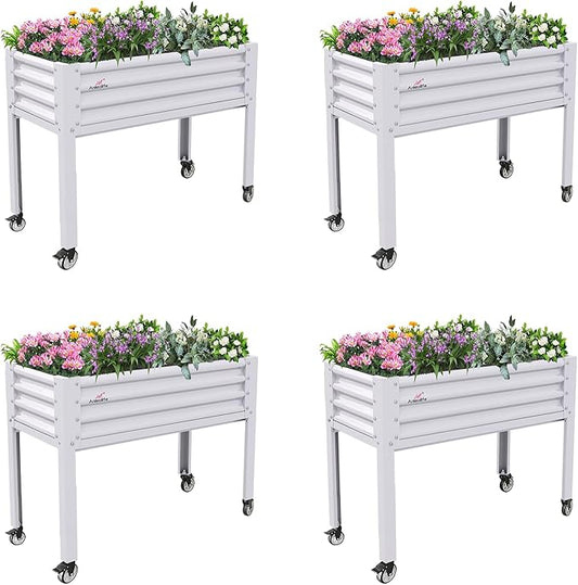 A ANLEOLIFE 4-Set Galvanized Raised Garden Bed with Legs,48x24x35in Large Elevated Planter Box on Wheels with Drainage Holes for Backyard, Balcony, Patio, 600lb Capacity, Antique White