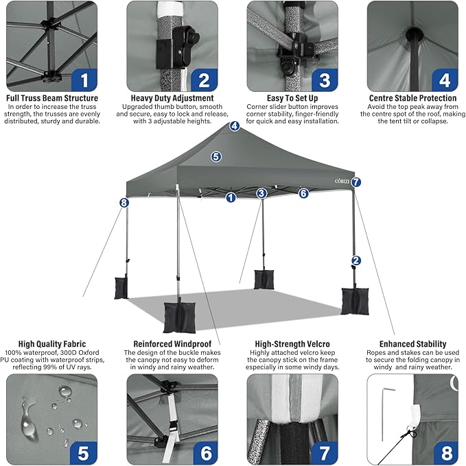 COBIZI 10x10 Pop Up Canopy Tent with 4 sidewalls Commercial Heavy Duty Canopy UPF 50+ All Weather Waterproof Outdoor Canopy Wedding Tents for Parties Gazebo with Roller Bag, Grey (Windproof Upgraded)