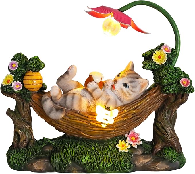 Afirst Solar Cat Statue Garden Figurine, Resin Figurine with Solar Lights Outdoor Decorations for Lawn, Patio, Balcony, Yard Ornament