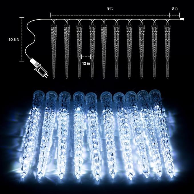 Christmas Icicle Lights Outdoor, 10ft Meteor Shower Lights with 10 Large Tube 240 LED Dropping Lights Effect, Falling Crystal Christmas Decorations for House Eave Roofline, Warm White