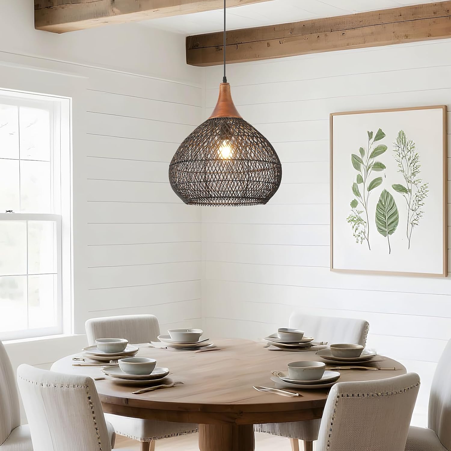 Black Rattan Pendant Light, 15.7" Rattan Chandelier Hand-Woven Wicker Pendant Light Fixtures with Solid Wood, Basket Hanging Lighting for Dining Room Kitchen Island Living Room