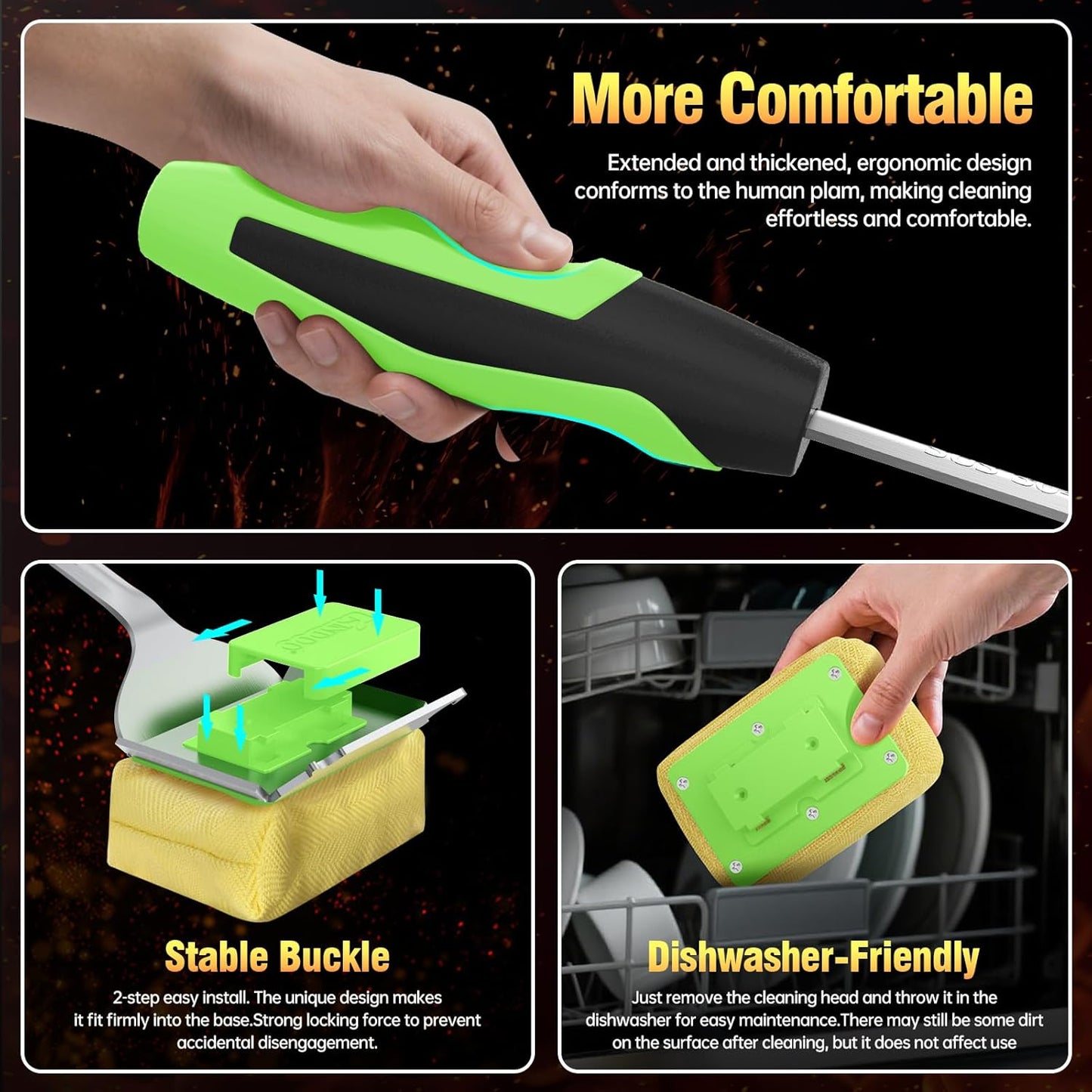 Grill Brush Bristle Free for Outdoor Grill, Steam Grill Cleaning Brush Replaceable BBQ Cleaner Brush Head,Extended Handle, Safe Grill Brush with Scraper for Cast Iron Stainless-Steel Grates, Green