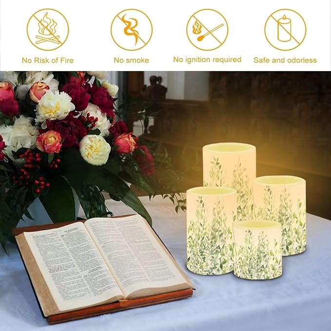 Flameless Light Candles 4 Pack Battery Operated with Color Changing Timer Remote Control Fake Pillar Candles Tealights Beach Wedding Home Indoor Decor, Leaf Green White