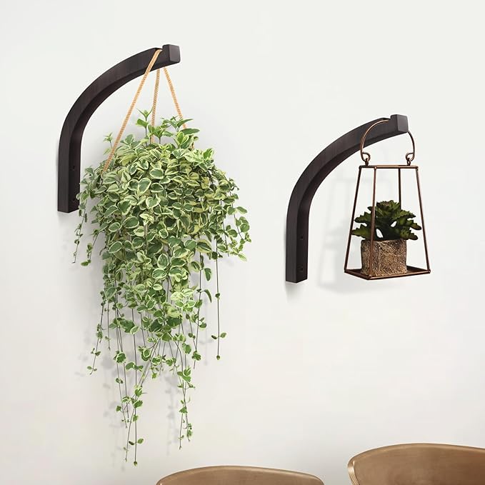 FGSAEOR Stylish Wooden Plant Hanger, 2 Pack 8 Inch Indoor Outdoor Wall Hooks for Planter Basket Hanging Flower Pot Bracket Lanterns Wind Chimes Decoration, Premium Beech Wood Home Decor, Walnut Color