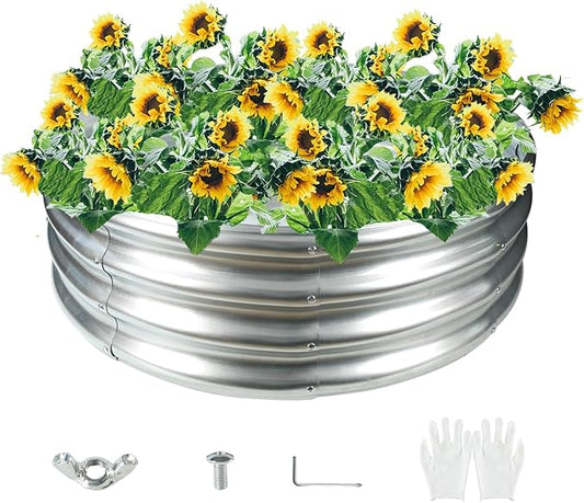 Durable Round Galvanized Steel Raised Garden Bed for Planting,Round Galvanized Steel Fire Ring/Fir Pit 32-Inch for Outdoor,0.8MM Thick (32 ins Diameter x 12 ins high, Silver)