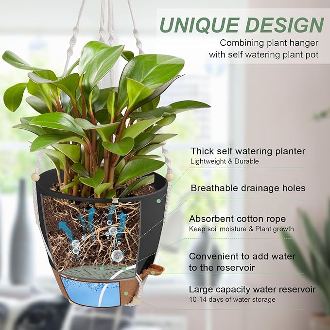 41.5 Inch Macrame Plant Hanger Indoor Outdoor with 12 Inch Flower Pot, Hanging Planter for Plants Holder with Wood Beads for Boho Home Decor (Ivory+Black)