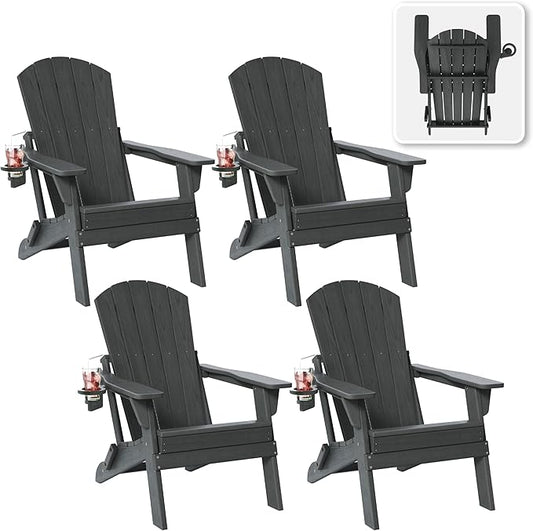 Folding Adirondack Chair Set of 4 with Cup Holder, HDPE All Weather Resistant Plastic Outdoor Patio Chairs, Heavy Duty Fire Pit Seating for Backyard Lawn Garden, Wooden Textured Design(Gray)