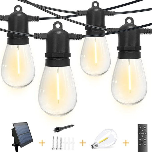 54(48+6) ft Solar String Lights Outdoor,Waterproof with USB Port Remote Control Solar Patio Lights,16 Shatterproof S14 Bulbs,1W Soft White