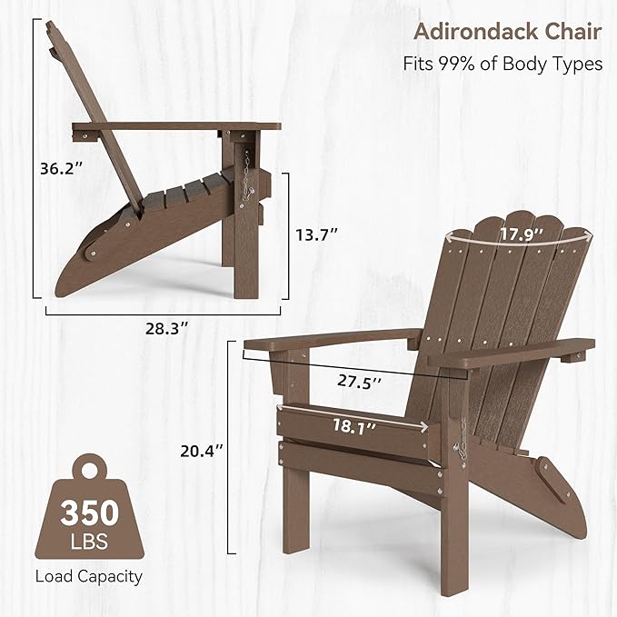 Folding HDPE Adirondack Chair Set of 2, Weather-Resistant Patio Chair with Wide Armrests & High Backrest, Fire Pit Chair for Garden, Backyard, Porch - Light Brown