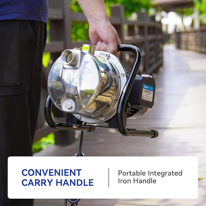 Acquaer 1 HP Portable Shallow Well Garden Pump, Stainless Steel, 998 GPH, 115V Sprinkler Water Transfer Draining Irrigation Pump for Water Removal/Lawn Garden