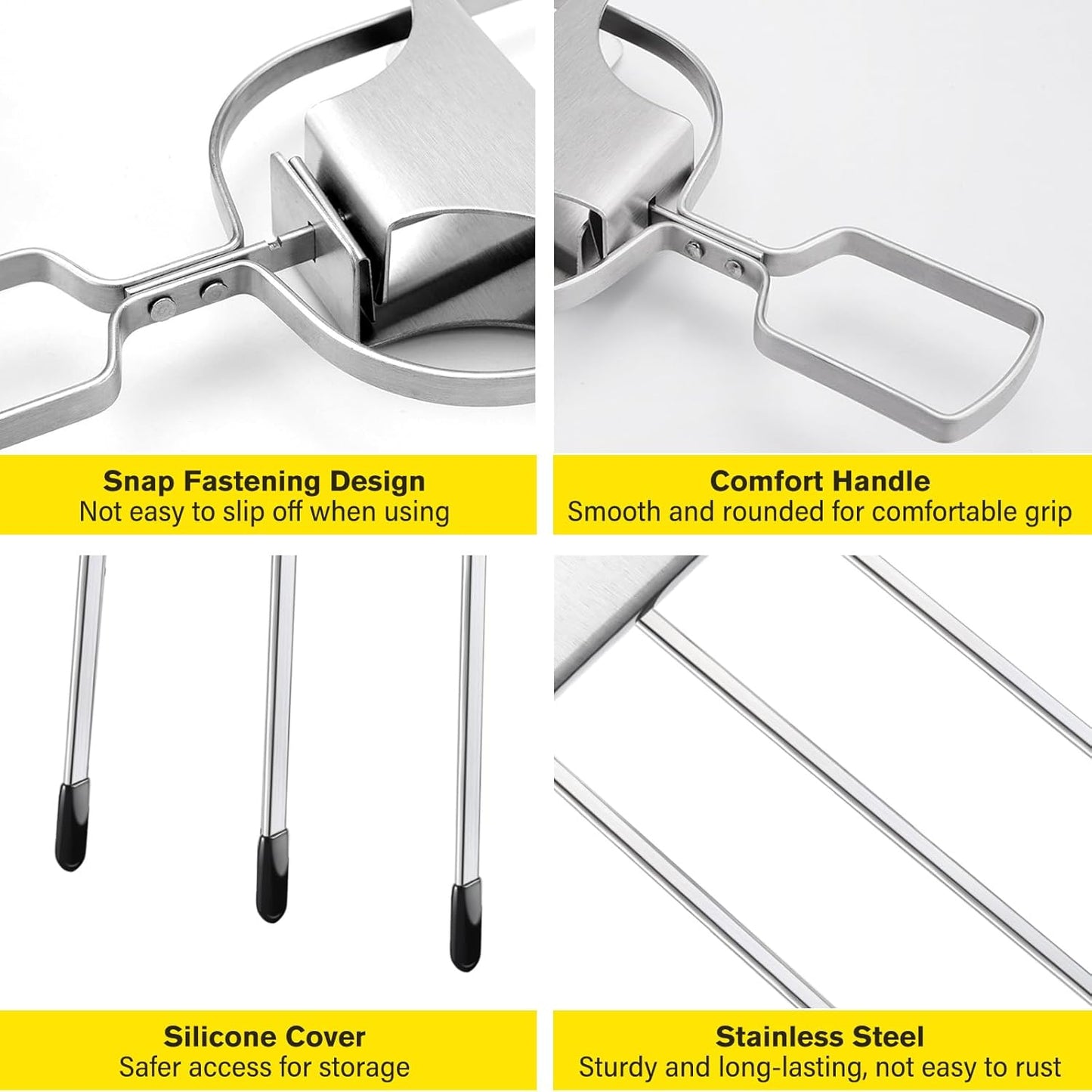 4PCS Kabob Skewers for Grilling, 14'' Stainless Steel Kebab Skewers, 3 Prong Metal Grill Skewer with Push Bar Slider, Skewer Sticks for Meat Veggies Fruits Marshmallows, BBQ Barbecue Accessories