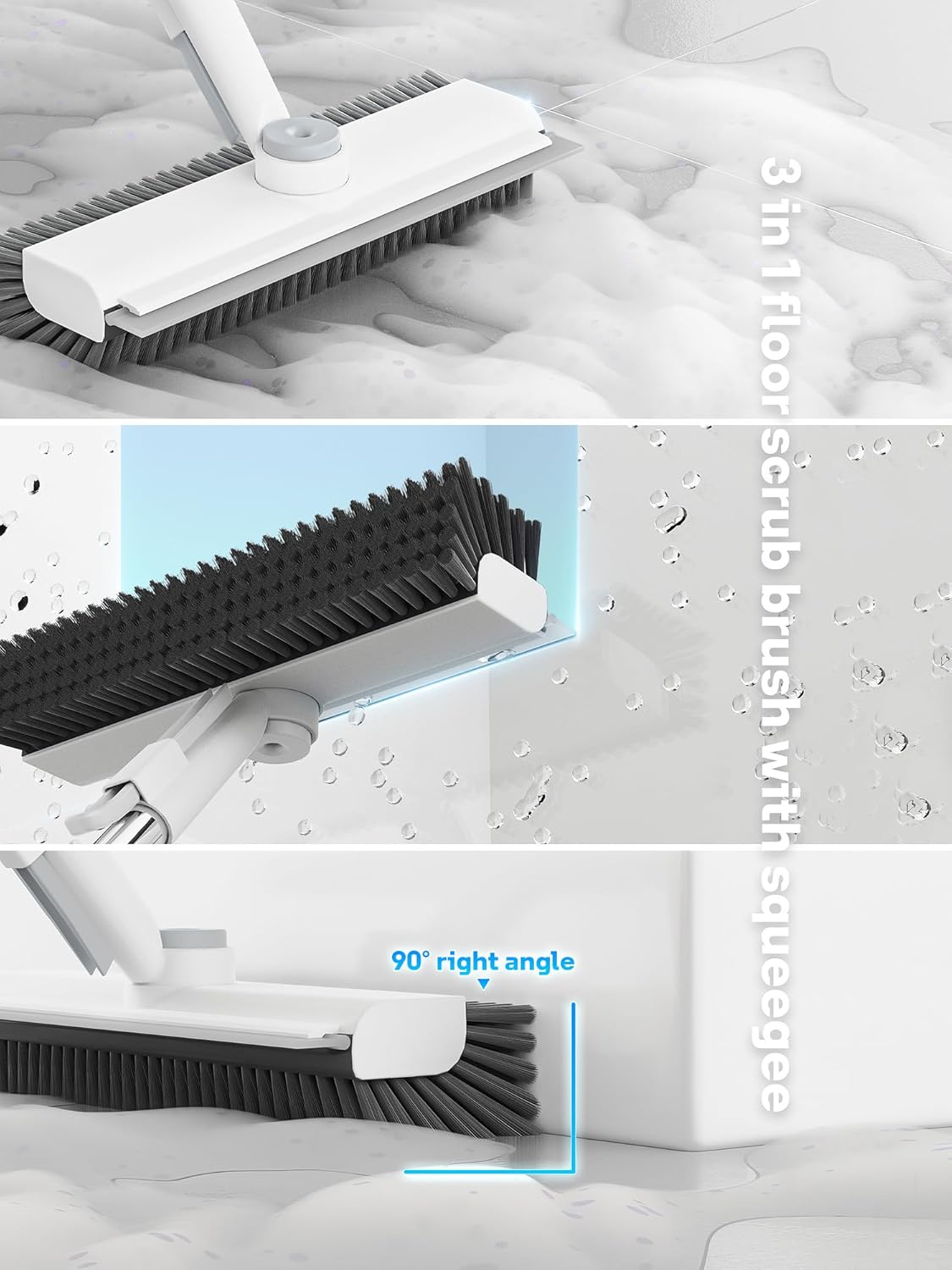 Floor Scrub Brush with Long Handle, 3 in 1 Scrape and Heavy-Duty Stiff Bristle Floor Scrubber Brush with Squeegee and Tweezer for Cleaning Tile Wall Deck Bathroom Patio Garage Kitchen (White)