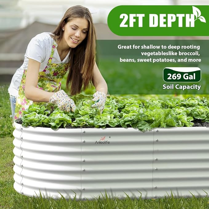 A ANLEOLIFE 6X3X2 ft Galvanized Raised Garden Beds Outdoor, Oval Large Metal Deep Root Planter Box for Planting Vegetables Flowers Herb, Anti-Rust & Easy-Setup, Antique White