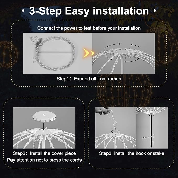 Christmas Ball Sphere, 10IN 48LED Hanging Tree and Pathway Light With Hook and Stake, Foldable Metal Frame Ball for Outdoor Garden, UL Listed, White Frame, RGB