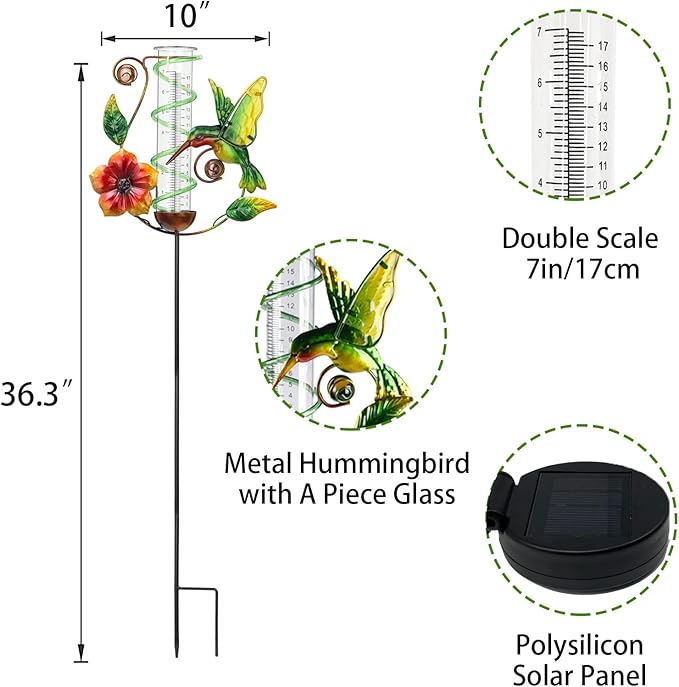 BAYN 36.3” Rain Gauge Outdoor Solar Powered 10 LEDs 7” Tube Garden Hummingbird Metal Decorative Stake with Waterproof Large Glass Tube Rain Guage for Yard, Garden, Patio, Lawn