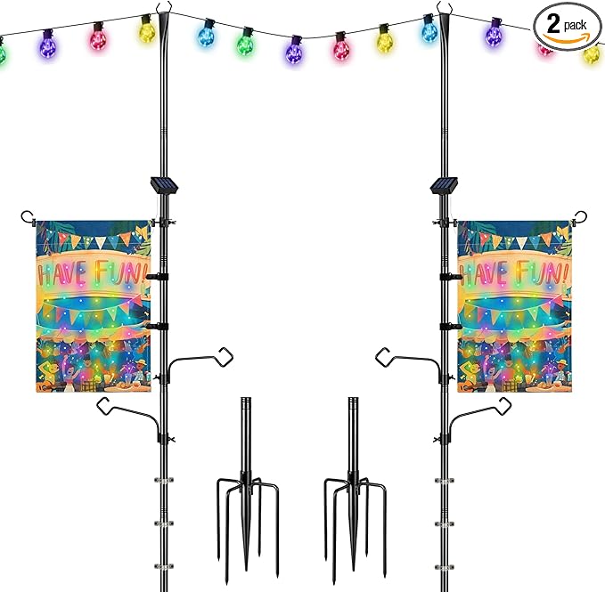 3-in-1 String Light Pole for Outside (2 Pack), Each Pack Includes 2 Hooks, 1 Solar LED Light Board & 1 Party Flag, Heavy Duty Stand for Deck, Patio, Backyard, Wedding