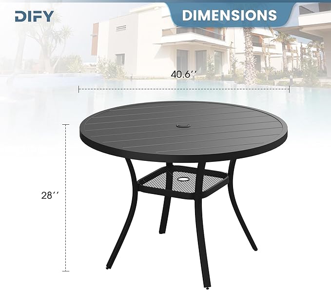 DIFY Outdoor Dining Table for 4, Round Patio Table with Umbrella Hole for Garden, Backyard and Porch (Black)