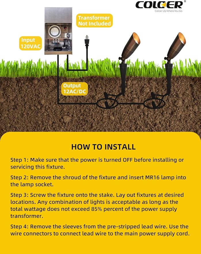 COLOER Brass Landscape Spotlights, 10 Pack Landscape Light Fixture with 5W Aluminum Housing MR16 LED Bulb 2700K 450LM,12V AC/DC Low Voltage Outdoor Spot Lighting, Uplight for Garden and Patio(102B)